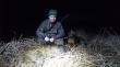 Dzie� przed pe�ni� ksi�yca, bezchmurne niebo wi�c ka�dy kto mo�e rusza w kniej�. Po godzinnym podchodzie tel. od Grzesia czy nie chc� wsp�lnie zapolowa�, odpowiadam �e jestem ju� w �owisku. Tradycyjne "Po�amania" i dreptam dalej w poszukiwaniu czarnego zwierza. Po godzinie b��dz�c bez skutku le�nymi duktami przystaj� i z ciekawo�ci pisz� smsa do kol. Paw�a, kt�ry polowa� sektor obok. Odpowied� nieco pocieszaj�ca - u niego te� cisza. My�l� sobie, �e pewnie za widno albo za wcze�nie... kwadrans p�niej s�ysz� strza� z rejonu Paw�a. Mija kolejne 10 minut i odczytuj� smsa "Strzala�em, pad� w ogniu ale po 5 min podni�s� si� i uszed�" Nie wiele mog� pom�c przez telefon. Dodaj� otuchy i polecam dzwoni� do naszego kol. z Ko�a Daniela i szuka� pomocy w jamniczym nosie. Mija kolejny kwadrans, nic si� nie dzieje wi�c telefon kontrolny do Paw�a czy ju� szukaj� dzika. Okazuje si�, �e nie mo�e si� dodzwoni� do Ko�owego pogotowia postrza�kowego. Roz��czam si�, telefon do Grzesia i po 40 minutach jeste�my na zestrzale. Nie wiele z niego mo�na wywnioskowa�. Dumka na otok i ruszamy po farbie. Pierwsze sto metr�w suka idzie bezb��dnie, co kawa�ek wida� krople farby. P�niej farba ginie, ale Dumka brnie twardo do przodu... nagle odbija 90 stopni w prawo i z brzezinki ci�gnie w �rodek ��ki. Wydaje si�, �e jest dobrze ale kolejne dziesi�tki metr�w bez potwierdzenia farb�. Grzesiu z Dumk� wyprzedzaj� mnie i Paw�a o dobre 50 metr�w. Idziemy tropem ju� dobre 200 m bez farby... nagle Grzesiu wo�a �e jest kropla. Dzik kieruje si� na zalany wod� fragment ��ki. Dumka znowu rwie do przodu... Po kolejnych 100 metrach radosny okrzyk Grzesia "JEST DZIK !!". W tym samym momencie postrza�ek wstaje i zaczyna chwiejnym krokiem uchodzi�. Grzesiu bez zastanowienia puszcza Dumk� w gon... 50 m i Duma trzyma postrza�ka w miejscu. Dostrzelenie by�o tylko formalno�ci�. Z wod� w butach ale zadowoleni wracamy ze zdobycz� do samochod�w. Postrza� - klasyczny na tzw. "pi�ra". Wydawa�oby si�, �e postrza�ek z tych nie do doj�cia a jednak si� uda�o... Dzi�ki Karol za opis pozwoli�em sobie skopiowa�. :)
